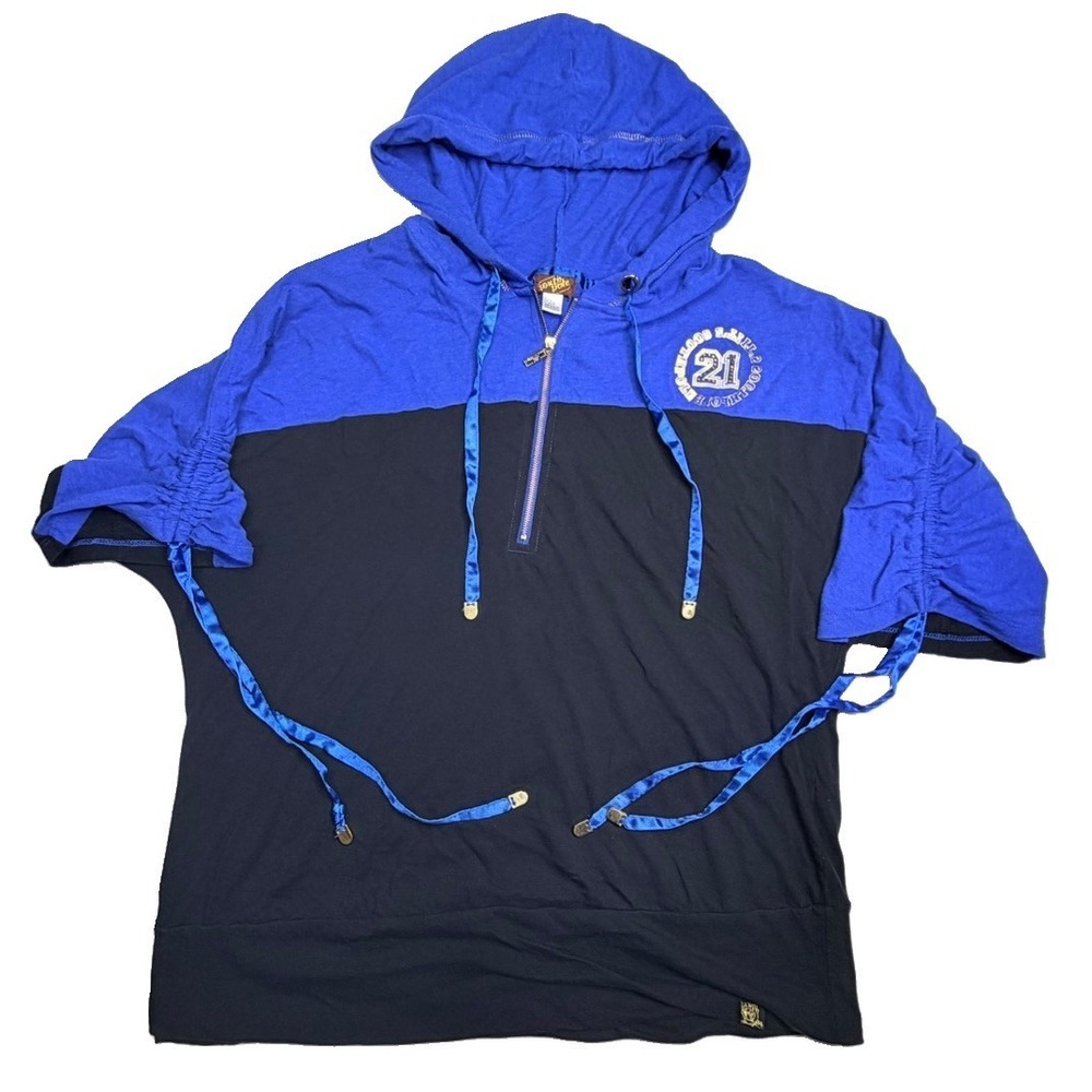 Southpole Women's 2X Blue Black Hooded Poncho Top Ruched Sleeves‎ Y2K